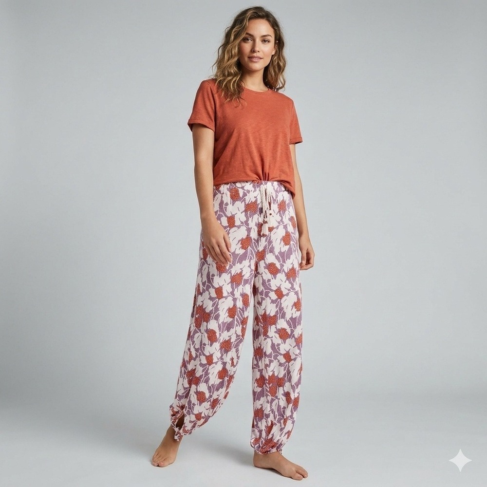 Anthropologie Women Small Floral Polka Dot Jogger Pants Purple Orange White